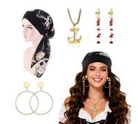 NebulaGlam Set di Accessori da Pirata, Fascia Elastica per Capelli, Collana con Benda Sull'occhio, Orecchini, per Carnevale, Halloween, Donna (Nero)