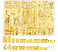 NEBURORA 260 pezzi Gioielli per capelli in oro per trecce 14 stili Gioielli Loc per capelli Dreadlock Anelli per trecce in metallo dorato Polsini Fermagli Ciondoli Loc per donne