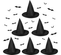 NEBURORA Cappelli da strega con adesivi a forma di pipistrello e cordini | Accessorio per costume da mago nero, cappello da strega, adatto per feste di Halloween, decorazione da appendere al portico