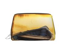 Neceser de cuero impermeable con forma de barco de madera River Sunset, organizador de cosméticos pequeño con cremallera, neceser de viaje portátil para mujeres y niñas.