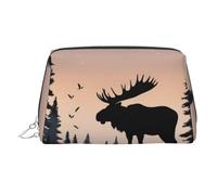 Neceser de cuero impermeable Moose Mountain Pine Tree Wilderness, organizador de cosméticos pequeño con cremallera, neceser de viaje portátil para mujeres y niñas.