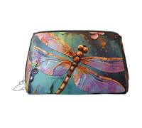 Neceser de maquillaje de cuero con libélula pintada a mano, impermeable, organizador de cosméticos, pequeño neceser con cremallera, neceser de viaje portátil para mujeres y niñas.