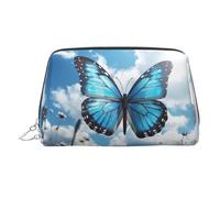 Neceser de maquillaje de cuero con mariposas azules y nubes, impermeable, organizador de cosméticos, pequeño neceser con cremallera, neceser de viaje portátil para mujeres y niñas.