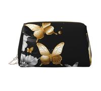 Neceser de maquillaje de cuero negro con mariposas doradas y blancas, impermeable, organizador de cosméticos pequeño con cremallera, neceser de viaje portátil para mujeres y niñas.