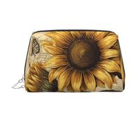Neceser de maquillaje de piel con estampado de girasoles retro, impermeable, organizador de cosméticos, pequeño neceser con cremallera, neceser de viaje portátil para mujeres y niñas.