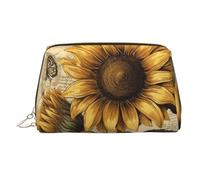 Neceser de maquillaje de piel con estampado de girasoles retro, impermeable, organizador de cosméticos, pequeño neceser con cremallera, neceser de viaje portátil para mujeres y niñas.