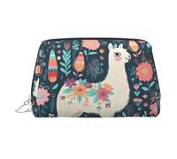 Neceser de maquillaje de piel con estampado floral de llama, impermeable, organizador de cosméticos pequeño con cremallera, neceser de viaje portátil para mujeres y niñas.
