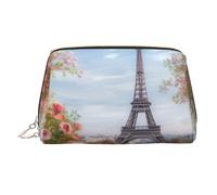 Neceser de piel impermeable con forma de Torre Eiffel de París y flores, organizador de cosméticos pequeño con cremallera, neceser de viaje portátil para mujeres y niñas.