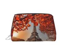 Neceser de piel impermeable con forma de Torre Eiffel de París y hojas de otoño, organizador de cosméticos pequeño con cremallera, neceser de viaje portátil para mujeres y niñas.
