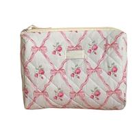 Necessaire da Toeletta Borsa for il trucco in cotone con fiocco e fiori, cerniera, organizer for cosmetici da donna, borsa in tessuto, custodia portatile for articoli toeletta for ragazze(Pink,S)