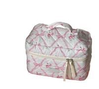 Necessaire da Toeletta Borsa for il trucco in cotone con fiocco e fiori, cerniera, organizer for cosmetici da donna, borsa in tessuto, custodia portatile for articoli toeletta for ragazze(Pink,M)