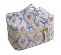 Necessaire da Toeletta Borsa for il trucco in cotone con fiocco e fiori, cerniera, organizer for cosmetici da donna, borsa in tessuto, custodia portatile for articoli toeletta for ragazze(Blue,M)