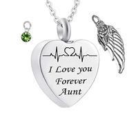 Necklaces for Human Ashes,Heart with Angel Wing Birthstone and ECG Engraving I Love You Forever Aunt Stainless Steel Pendant Urn Necklace Urns