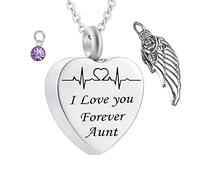 Necklaces for Human Ashes,Heart with Angel Wing Birthstone and ECG Engraving I Love You Forever Aunt Stainless Steel Pendant Urn Necklace Urns