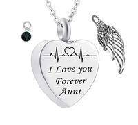 Necklaces for Human Ashes,Heart with Angel Wing Birthstone and ECG Engraving I Love You Forever Aunt Stainless Steel Pendant Urn Necklace Urns