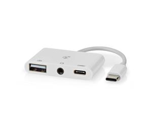 Nedis Adattatore USB multiporta | USB 2.0 | USB C™ | presa USB-A/presa USB-C™ / presa da 3,5 mm | 480 Mbps | rotondo | nichelato | PVC | bianco | scatola