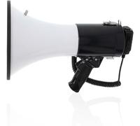 Megafono - Portata massima: 1500 m - Regolatore volume massimo: 120 dB - Microfono rimovibile - Sirena integrata - Funzione registrazione - riproduzione USB - Tracolla - Nero/Bianco