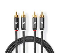 NEDIS Profigold - Cavo RCA da 5 m, 2 x RCA a 2 x Phono maschio, placcato oro, in nylon intrecciato, cavo audio stereo per Home Cinema, Hi-Fi, DJ, colore: grigio