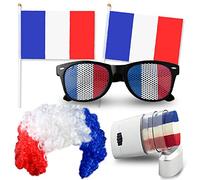 nedit Kit Supporter France | Blu Bianco Rosso | Bandiera Francia | Colore tricolore | Kit Supporter France | Stick Foot France | VAI LES BLU (4 Accessori, Parrucca/Occhiali/Trucco/Bandiera)