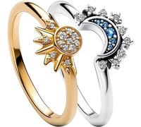 NEDOES Set di 2 anelli per coppia estiva, blu cielo scintillante, con luna e sole, anelli da donna, gioielli da dito impilabili