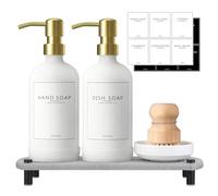 NEECZS Set di dispenser per sapone da cucina con vassoio ad asciugatura istantanea, dispenser per sapone per mani e piatti, in vetro bianco, pompa in acciaio inossidabile, etichette impermeabili e