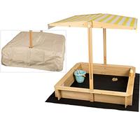 needs&wants® Sabbiera con tetto e copertura Oxford 600D, 113 cm | Sabbiera per bambini in legno con panche, telo di fondo e tetto regolabile, 113x113x113 cm, giallo e bianco