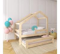 NeedSleep® Casetta Con Letto Estraibile | Castello in Legno per 2 Bambini | Singolo Montessoriano a Scomparsa (200x90/180x90, Asimmetrico)