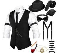 Neer 1920 Uomini Costume Accessori Outfit con Gangster Gilet Cappello Vintage Orologio da Tasca Papillon Bretelle Accessori, nero, X-Large