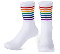 Neer Calzini Sportivi Orgoglio Gay Pride Calze a Righe Arcobaleno in Cotone Calzini LGBTQ Colorati per Uomo Donna Corsa Bici (Bianco)