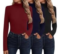 Neer Confezione da 3 Maglie Collo Alto Maniche Lunghe Cotone Donna Intimo Termico Strato Base Camicie Maglioni Autunnali(Nero, Blu Navy, Rosso Vino,M)