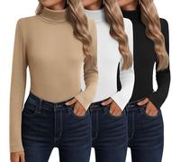 Neer Confezione da 3 Maglie Collo Alto Maniche Lunghe Cotone Donna Intimo Termico Strato Base Camicie Maglioni Autunnali(Nero, Bianco, Cachi,L)
