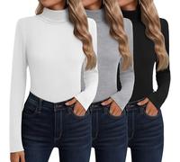 Neer Confezione da 3 Maglie Collo Alto Maniche Lunghe Cotone Donna Intimo Termico Strato Base Camicie Maglioni Autunnali(Nero, Grigio Chiaro, Bianco,L)
