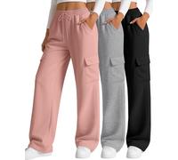 Neer Lot de 3 Jogging Cargo pour Femme Pantalon de Survêtement à Jambes Larges et Ample décontracté et Sportif avec 4 Poches(Nero, Grigio Chiaro, Rosa Antico,M)