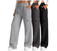 Neer Lot de 3 Jogging Cargo pour Femme Pantalon de Survêtement à Jambes Larges et Ample décontracté et Sportif avec 4 Poches(Nero, Grigio Scuro, Grigio Chiaro,L)