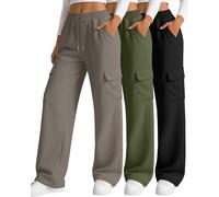 Neer Lot de 3 Jogging Cargo pour Femme Pantalon de Survêtement à Jambes Larges et Ample décontracté et Sportif avec 4 Poches(Nero, Verde Militare, caffè,S)