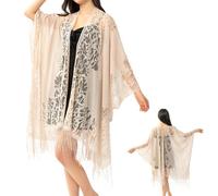 NEERIX Kimono - Telo da spiaggia da donna con pizzo, lungo e leggero, in chiffon, elegante cappotto da spiaggia, sexy, in pizzo, beige., Taglia unica