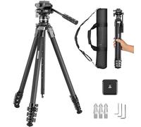 NEEWER Treppiede da viaggio in fibra di carbonio con testa fluida smorzata rimovibile, supporto leggero per videocamera con fibbia a scatto rapido in metallo, piastra QR tipo Arca compatibile con Peak