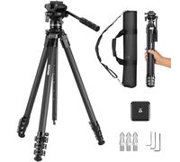 NEEWER Treppiede da viaggio in fibra di carbonio con testa fluida smorzata rimovibile, supporto leggero per videocamera con fibbia a scatto rapido in metallo, piastra QR tipo Arca compatibile con Peak