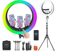NEEWER 19” LED RGB Ring Light+Stativo, 3 Portatelefono, Pannello Touch, Controllo 2,4G/App, 42W CRI97+ 2800lux/0,5m, Luce Professionale Dimmerabile 360° per Trucco Streaming Live e Chiamate Zoom,RP19C