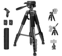 NEEWER BASICS Treppiede Fotocamera, Cavalletto Fotografico 188cm con Porta Telefono Compatibile con iPhone per Rirpese Video, Tripod da Viaggio Leggero in Alluminio Professionale con Testa 3 Vie, TP56