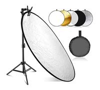 NEEWER Kit Riflettore di Luce da 43"/110cm, Reflector Rotondo 5 in 1 | Pieghevole, Traslucido/Argento/Oro/Bianco/Nero, Morsetto Metallico, Stativo Basso 53-110cm, Fotografia Studio ad Angolo Basso