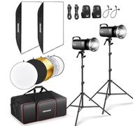 Neewer S102-400W PRO - Kit di illuminazione flash (2 pezzi) con 2 trigger da 2,4 G, 2 supporti per luce fotografica, 2 softbox, riflettore 5 in 1, borsa, 400 W GN62 5600 K 30 W LED lampada da