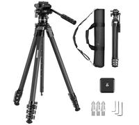 NEEWER Treppiede da viaggio in fibra di carbonio con testa fluida smorzata rimovibile, supporto leggero per videocamera con fibbia a scatto rapido in metallo, piastra QR tipo Arca compatibile con Peak