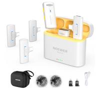NEEWER Wireless Lavalier Microphone System for iPhone USB C Mini Clip on Lapel Mic with 2 TX/4 RX/OTG Adapter 200m Long Range Compatible with Android Phone Tablet PC, White, KM20