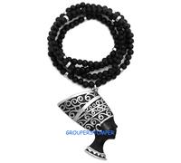 Nefertiti Egiziano Regina Di Il Nilo Ciondolo Con 76.2cm Lungo Legno Perle Chain