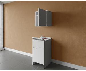 Negrari composizione, Mobile Lavatoio + Pensile in Resina, Resistente all'umidità, Vasca resistente agli acidi, Kit di scarico incluso, Interno e Esterno, Bianco