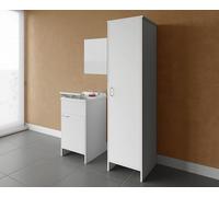 Negrari composizione, Mobile Lavatoio + Specchio + Colonna in Resina, Resistente all'umidità, Vasca resistente agli acidi, Kit di scarico incluso, Interno e Esterno, Bianco