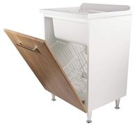Negrari Vincente 3006RLE Lavatoio Bianco e Legno Natural 45x50 H85 cm Mobile Nobilitato Idrofugo Vasca Polipropilene Montato Asse Legno Anta Ribalta Cestone Porta Biancheria Estraibile Sifone Piedi
