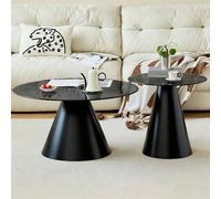 NEHCFO Set Tavolini a Nido 2 Pezzi, Tavolino Rotondo in Vetro Temperato Nero, Tavolini Sovrapponibili da Salotto Moderno, Tavolino Laterale Design con Base in Metallo(Black+Black)