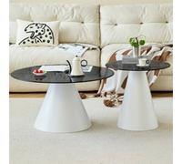 NEHCFO Set Tavolini a Nido 2 Pezzi, Tavolino Rotondo in Vetro Temperato Nero, Tavolini Sovrapponibili da Salotto Moderno, Tavolino Laterale Design con Base in Metallo(White+White)